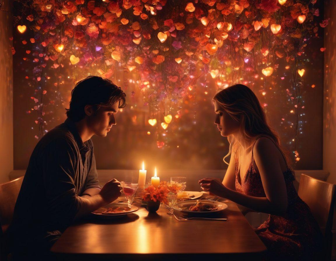 A visually striking split image depicting the contrast between traditional intimate relationships and modern adult content consumption. On one side, show a warm, romantic scene of a couple enjoying a candlelit dinner; on the other, a shadowy figure engrossed in a glowing screen filled with adult content. Incorporate elements like tangled hearts and digital symbols floating around them. Super-realistic. vibrant colors. dark and light contrast.